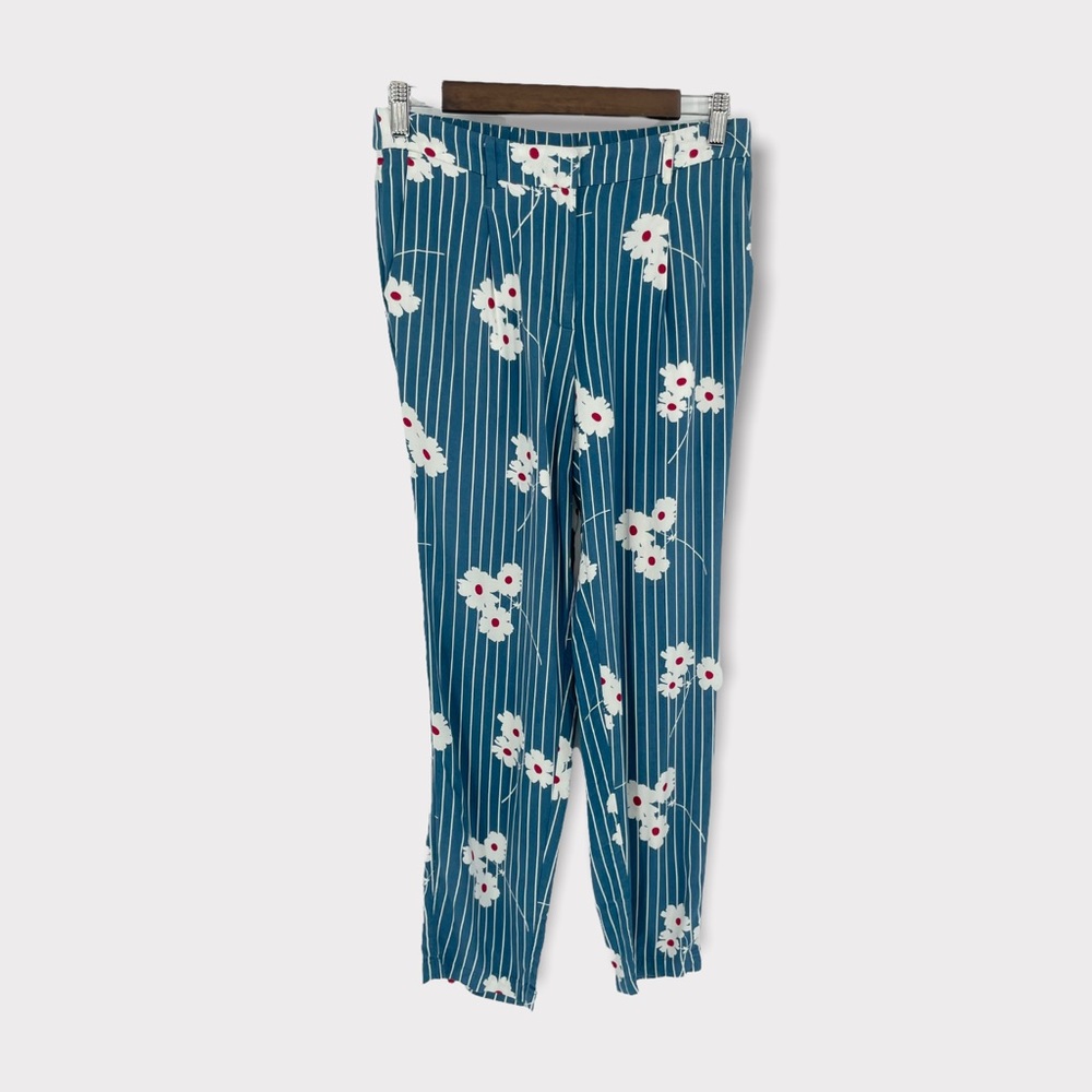 Modcloth Blue Striped Floral Pleated Ankle Pants Size‎ Small